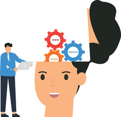 Conceptual illustration of business strategy, vision, mission, and values, with gears and a businessman,colorful gears, modern design, clear communication, effective planning, business planning,