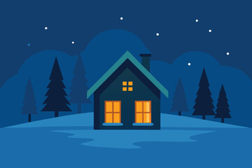 Fototapeta premium Photo of a cozy house in a snowy winter landscape at night, with stars in the sky and warm light glowing from the windows, creating a peaceful scene