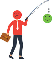 Businessman with Sad Face Holding Fishing Rod with Happy Face Bait, Concept of Deception,alse promise, simple design, flat colors, business concept, cartoon character, smiling face, business strategy,