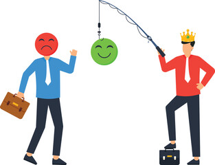 Business Concept: Businessman with Crown Fishing for a Smiling Face, Concept of Deception,r, corporate world, financial success, emotional expression, leadership role, confident man, business