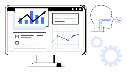 Monitor screen showing analytics graphs, charts, and checklists, paired with a breathing illustration and cogwheels. Ideal for data monitoring, health tech, productivity, efficiency, strategy