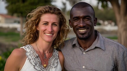 Multiethnic couple sharing a warm moment, natural background blurred with soft side light.