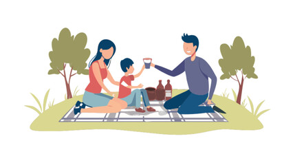 Family picnic vector art illustration design featuring parents child blanket and outdoor scene for graphic design use