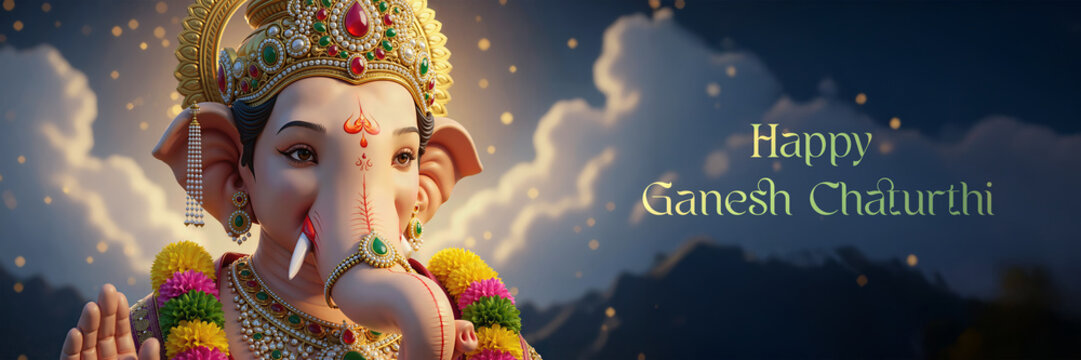 Divine Lord Ganesha with Crown and Garland &ndash; Happy Ganesh Chaturthi