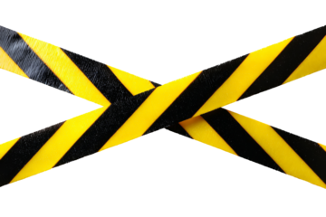 Yellow and black diagonal warning tape crossed isolated on transparent background