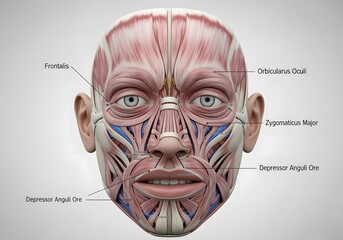 Anatomical illustration of the human face showcasing facial muscles including frontalis, orbicularis oculi, zygomaticus major, and depressor anguli oris.