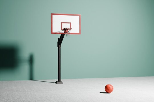 Basketball hoop and ball on minimalist indoor court