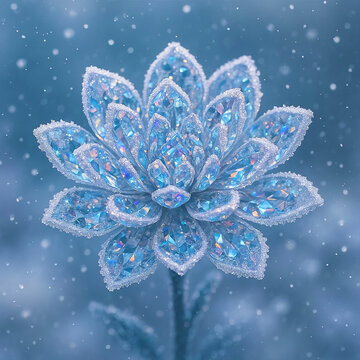 Hyper-detailed crystal flower blooming in soft winter snow, photorealistic fantasy botanical sculpture with luminous petals and gemstone texture, nature and mineral hybrid design