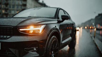 Obraz premium Sleek Black SUV on Rainy Urban Street at Dusk with Headlights On