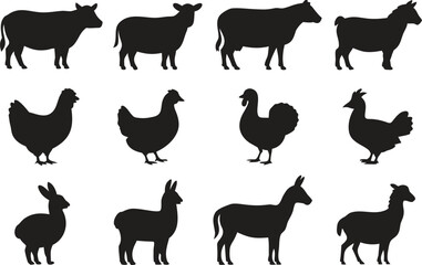 Farm Animal Silhouette Icons Set – Livestock and Poultry Vector Illustration on Transparent Background