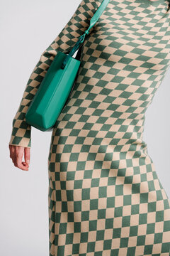 Green and Beige Checkered Outfit with Matching Handbag in Geomet