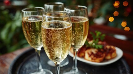 Champagne Glasses on Tray with Festive Background