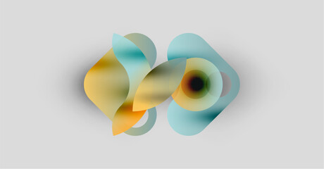 Abstract shapes overlap, creating soft gradients. Colors blendyellows, blues, brownson light gray background. Minimalist design.