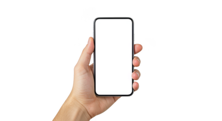 Hand holding a modern smartphone with a blank screen isolated on transparent background