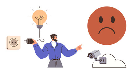 Man holding plug under bright bulb, sad face symbolizing concern, surveillance camera linked to cloud. Ideal for energy, privacy, surveillance, expression, technology emotions concepts. Simple flat