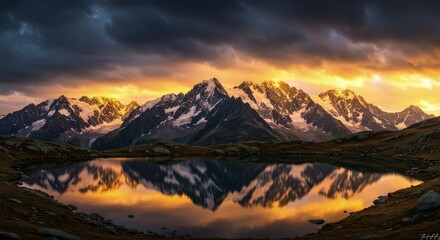 Obraz premium Dramatic Sunset over Snow-capped Mountains Reflected in Calm Alpine Lake