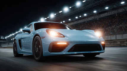 Sleek Sports Car on Nighttime Race Track with Motion Blur and Illuminated Headlights