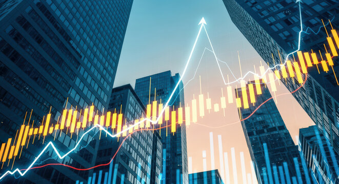 Financial District Growth A Dynamic Stock Market Chart Overlaying Skyscrapers Symbolizing Economic Expansion and Investment Opportunities in Urban Centers