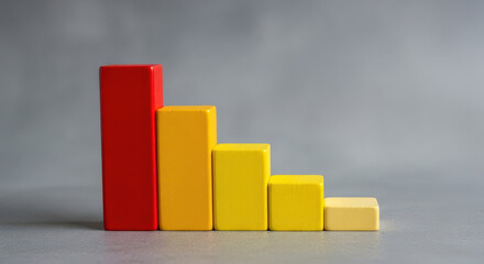 Descending Bar Graph with Red and Yellow Blocks, Symbolizing Business Decline, Economic Downturn, and Decreasing Performance on a Neutral Gray Surface