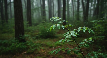 Rain-soaked forest scene with vibrant green leaves.