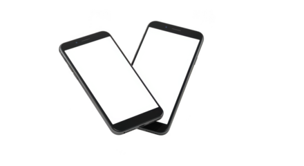 Two modern smartphones with blank screens isolated on transparent background
