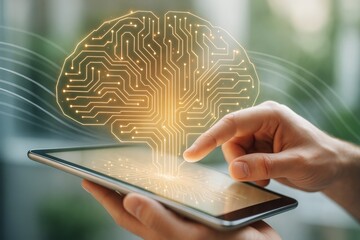 Human hand interacting with glowing digital brain hologram displayed from tablet device, symbolizing artificial intelligence and neural networks.