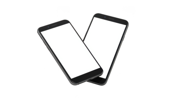 Two modern smartphones with blank screens isolated on transparent background