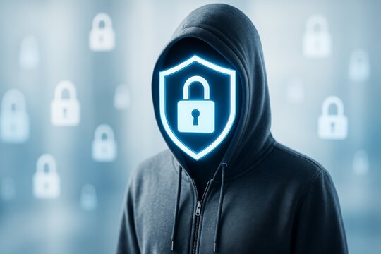 Cybersecurity concept with anonymous figure in hoodie and glowing padlock shield on digital background with floating lock icons and blue light effects. - Powered by Adobe