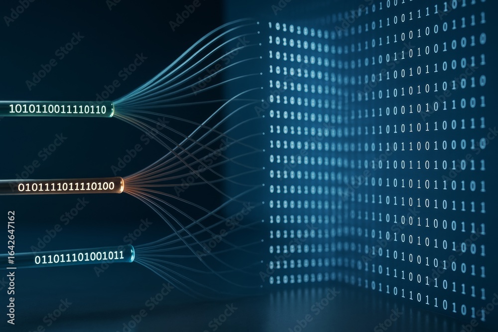 Wall mural binary code streams transferring digital data in light tubes on dark background, symbolizing abstrac