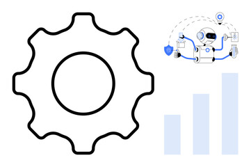 Gear symbolizes operations, robot managing multiple tasks signifies automation, and bar chart illustrates progress. Ideal for workflow, productivity, technology, innovation, growth, efficiency