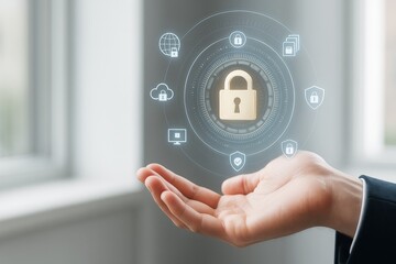 Businessman hand holding holographic padlock with digital cybersecurity icons on light background, symbolizing data protection and technology concept.