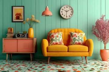 A yellow couch in a room with a clock and other furniture
