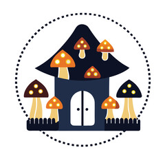 Naklejka premium Mushroom house with dotted circle border on white background fantasy house fairy house