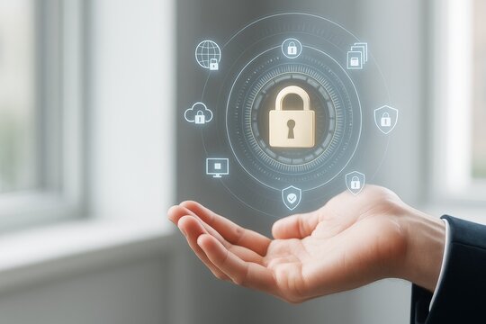 Businessman hand holding holographic padlock with digital cybersecurity icons on light background, symbolizing data protection and technology concept. - Powered by Adobe