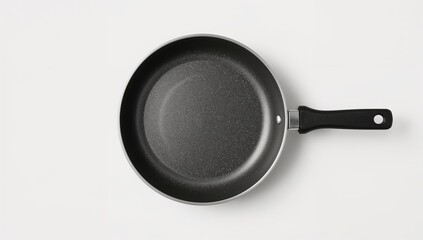 Black nonstick frying pan with handle on white background top view