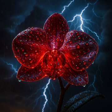 Fantasy garnet gemstone orchid glowing red under dramatic thunderstorm sky, photoreal botanical-mineral hybrid with wet gemstone petals