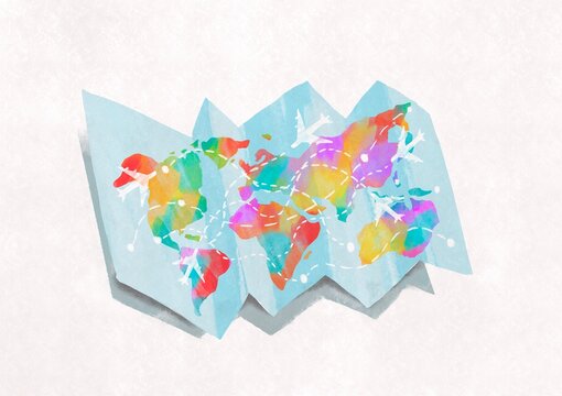 airplanes flying  over the world map