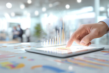 Business Executive Reviewing Colorful Data Charts on Tablet in Office