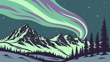 Aurora borealis over mountain range with pine trees vector illustration northern lights landscape scene design
