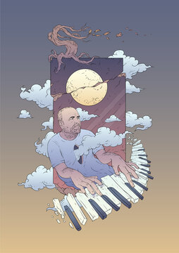 Clouds searcher. Dreamy pianist playing among clouds and moon