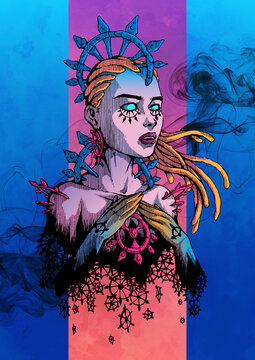 Gears of soul. Cyber goddess with glowing eyes and gears