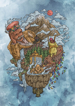 Manali Art. Floating mountain world with sacred elements