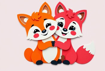 Two cute cartoon foxes hug, colorful paper cut style, happy expressions, cartoon, love