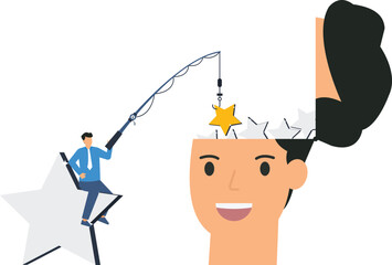 Conceptual illustration of a businessman fishing for a star from an open mind, success concept,, open mind, positive attitude, bright future, business success, conceptual design, fishing hook