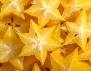 Fototapeta premium Top-down view of star fruit (carambola) slices arranged in overlapping pattern
