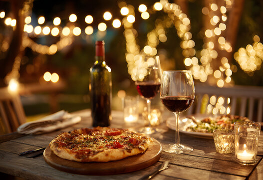 Romantic dinner with pizza, wine, and twinkling lights, creating cozy setting for couple to enjoy