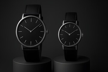 Studio shot of minimalist couple watches on podiums, black straps, steel cases, matte black dials, slim silver indices, elegant monochrome charcoal backdrop.