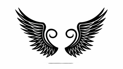 Fototapeta premium Illustration of symmetrical black wings with curled accents on a white background design element