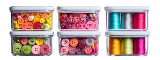 Set of transparent containers holding colorful buttons and sewing supplies isolated on a white or transparent background