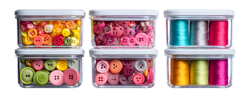 Set of transparent containers holding colorful buttons and sewing supplies isolated on a white or transparent background